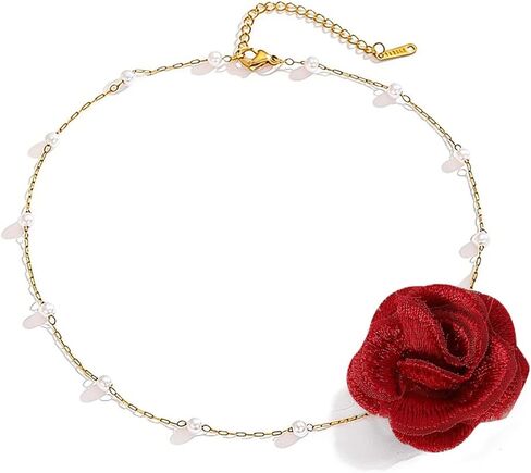 Flower Choker Necklaces for Women Rose Necklace for Women with Pearl Dainty Red Rose Choker Necklace Flower Jewelry Party Prom in Kuwait