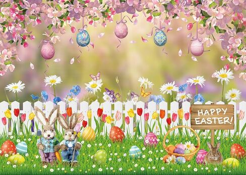 Spring Photo Backdrop Spring Photography Backdrop Rabbit Colorful Eggs Rainbow Background for Easter Party Decoration Children Adult Birthday Party Banner (7X5FT(82x59inch)) in Kuwait