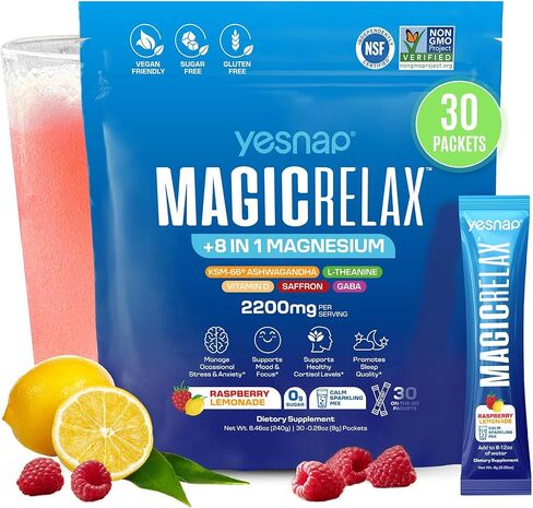 MAGICRELAX Supercalm 8-in-1 Chelated Magnesium Powder Drink Mix,KSM-66 Ashwagandha, Saffron, GABA, L-Theanine, Vitamin D3,Supports Stress Healthy Cortisol, Mood & Sleep, Zero Sugar Raspberry Lemonade in Kuwait