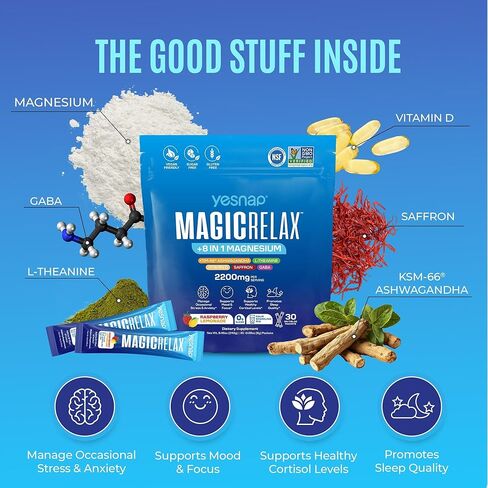 MAGICRELAX Supercalm 8-in-1 Chelated Magnesium Powder Drink Mix,KSM-66 Ashwagandha, Saffron, GABA, L-Theanine, Vitamin D3,Supports Stress Healthy Cortisol, Mood & Sleep, Zero Sugar Raspberry Lemonade in Kuwait
