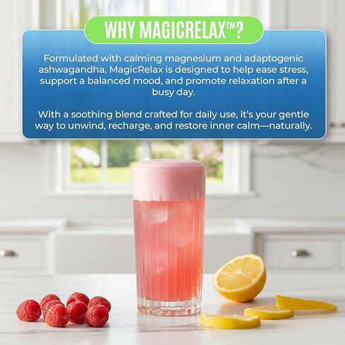MAGICRELAX Supercalm 8-in-1 Chelated Magnesium Powder Drink Mix,KSM-66 Ashwagandha, Saffron, GABA, L-Theanine, Vitamin D3,Supports Stress Healthy Cortisol, Mood & Sleep, Zero Sugar Raspberry Lemonade in Kuwait