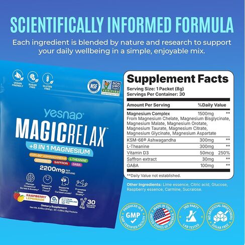 MAGICRELAX Supercalm 8-in-1 Chelated Magnesium Powder Drink Mix,KSM-66 Ashwagandha, Saffron, GABA, L-Theanine, Vitamin D3,Supports Stress Healthy Cortisol, Mood & Sleep, Zero Sugar Raspberry Lemonade in Kuwait