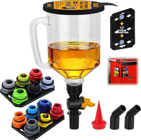 18-Piece Engine Oil Funnel Filling Kit, 1.36qt / 1.5L Coolant Funnel Set, Funnels for Automotive Use, 12 Adapters, Elbow Fitting, Arrow Screen, Magnetic Storage Hooks Tray, No-Spill Oil Change Tools in Saudi Arabia