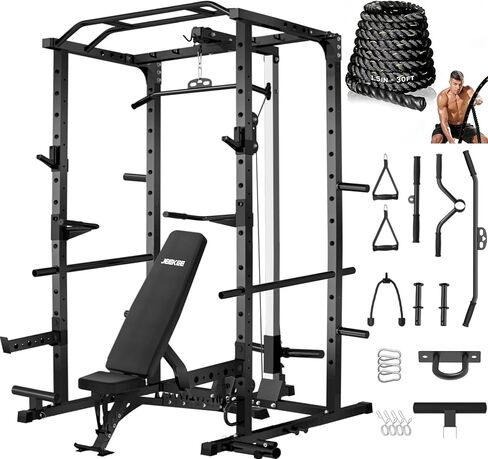 رف طاقة JEEKEE سعة 2000 رطل مع منسدلة LAT، قفص طاقة متعدد الوظائف مع نظام كابل، أذرع أمان، لغم أرضي، شريط سحب وملحقات، رف قرفصاء عالي التحمل لصالة الألعاب الرياضية المنزلية، أسود in Kuwait