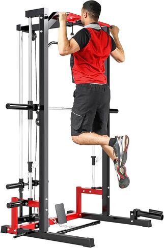 Soozier Power Cage Smith Machine, Multi-Function Power Rack with Pull Up Bar, LAT Pull Down System and Squat Rack, Barbell Bar, Plate Storage Posts, Landmine, for Home Gym in Saudi Arabia