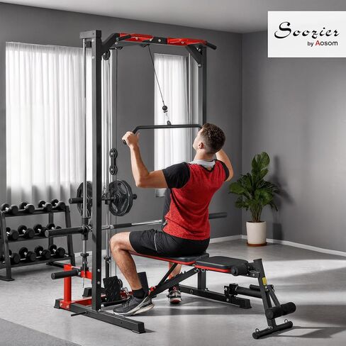 Soozier Power Cage Smith Machine, Multi-Function Power Rack with Pull Up Bar, LAT Pull Down System and Squat Rack, Barbell Bar, Plate Storage Posts, Landmine, for Home Gym in Saudi Arabia