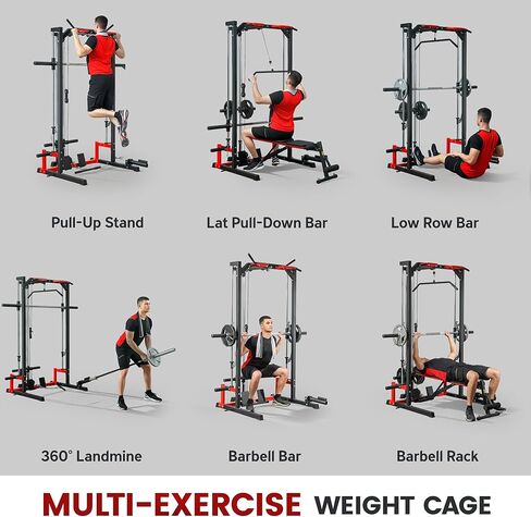 Soozier Power Cage Smith Machine, Multi-Function Power Rack with Pull Up Bar, LAT Pull Down System and Squat Rack, Barbell Bar, Plate Storage Posts, Landmine, for Home Gym in Saudi Arabia