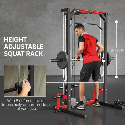 Soozier Power Cage Smith Machine, Multi-Function Power Rack with Pull Up Bar, LAT Pull Down System and Squat Rack, Barbell Bar, Plate Storage Posts, Landmine, for Home Gym in Saudi Arabia