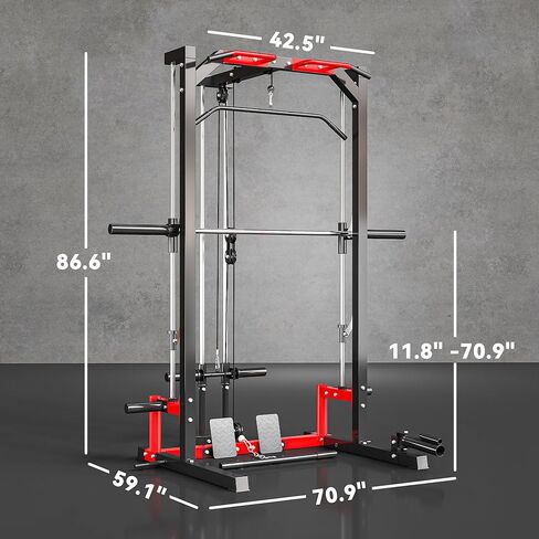 Soozier Power Cage Smith Machine, Multi-Function Power Rack with Pull Up Bar, LAT Pull Down System and Squat Rack, Barbell Bar, Plate Storage Posts, Landmine, for Home Gym in Saudi Arabia