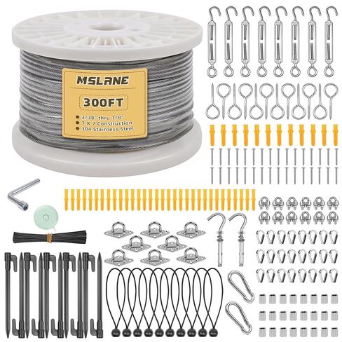 1/8" Wire Rope Kit 300FT Aircraft Cable Vinyl Coated 304 Stainless Steel Wire,7x7 Strand Cable Kit for Outdoor String Lights,Climbing Plants,Pictures,Clothes,Curtain Hanging in Kuwait