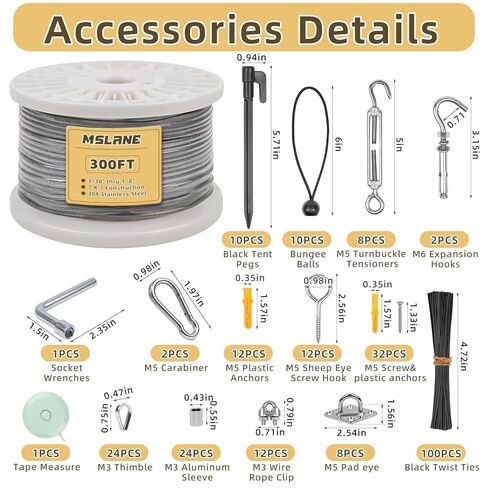 1/8" Wire Rope Kit 300FT Aircraft Cable Vinyl Coated 304 Stainless Steel Wire,7x7 Strand Cable Kit for Outdoor String Lights,Climbing Plants,Pictures,Clothes,Curtain Hanging in Kuwait