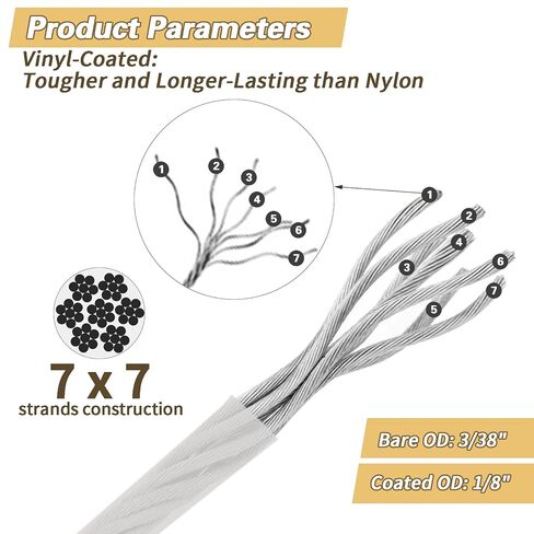 1/8" Wire Rope Kit 300FT Aircraft Cable Vinyl Coated 304 Stainless Steel Wire,7x7 Strand Cable Kit for Outdoor String Lights,Climbing Plants,Pictures,Clothes,Curtain Hanging in Kuwait