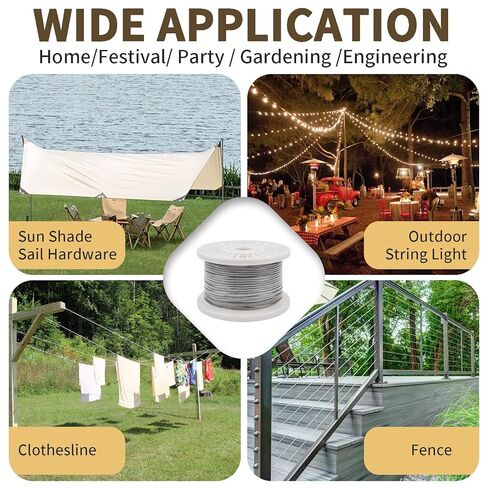 1/8" Wire Rope Kit 300FT Aircraft Cable Vinyl Coated 304 Stainless Steel Wire,7x7 Strand Cable Kit for Outdoor String Lights,Climbing Plants,Pictures,Clothes,Curtain Hanging in Kuwait