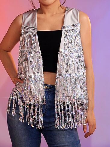 Edary Sequin Fringe Fringe Simpless Set Sparkly Tassel Open Pront Justcoat Jackets Night Club Disco Coat for Women (S) in Kuwait