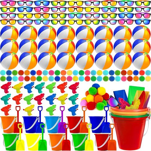 120 Pcs Kids Summer Beach Party Favors Sets- Includes 18 Inflatable Beach Balls Bulk, 36 Sand Bucket and Shovels Set, 24 Neon Sunglasses Bulk, 24 Water Guns,18 Water Balls, Pool Party Gift Supplies in Kuwait