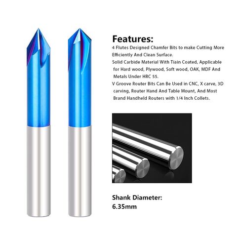 V-Groove 4-Flute راوتر بت 1/4 "عرقوب 60/90D الشطب مطحنة نانو الأزرق المغلفة كربيد نهاية مطحنة لأداة طحن المعادن in Saudi Arabia