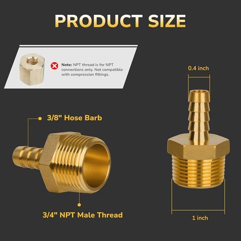 Air Hose Fittings, 3/4" NPT Male to 3/8" Barb Brass Hose Barb Fittings, Durable Brass Adapter for Air, Water, Fuel Systems, Leak-Resistant Design in Kuwait