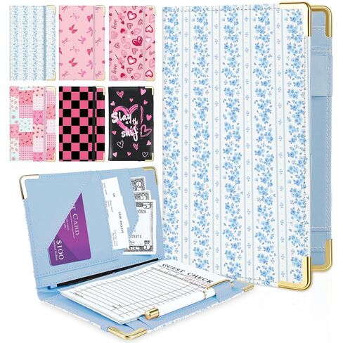 كتاب الخادم، كتب الخادم اللطيفة للنادلة، كتاب تقديم من جلد البولي يوريثان مع جيب بسحاب وحامل أقلام، كتب النادلة تناسب ساحة الخوادم، زهور زرقاء in Kuwait