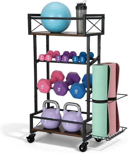 Yoga Mat Storage Rack, Home Gym Storage Rack, Retro Metal & Wood Weight Storage Racks for Yoga Mat, 360° Roller & Fitness Equipment, 60 Lbs per Shelf in Kuwait
