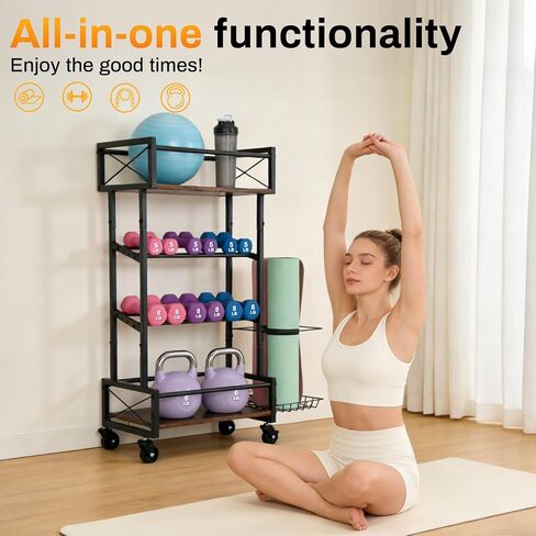 Yoga Mat Storage Rack, Home Gym Storage Rack, Retro Metal & Wood Weight Storage Racks for Yoga Mat, 360° Roller & Fitness Equipment, 60 Lbs per Shelf in Kuwait