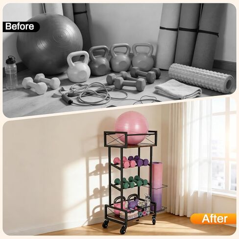 Yoga Mat Storage Rack, Home Gym Storage Rack, Retro Metal & Wood Weight Storage Racks for Yoga Mat, 360° Roller & Fitness Equipment, 60 Lbs per Shelf in Kuwait