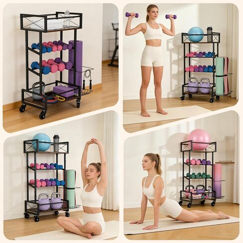 Yoga Mat Storage Rack, Home Gym Storage Rack, Retro Metal & Wood Weight Storage Racks for Yoga Mat, 360° Roller & Fitness Equipment, 60 Lbs per Shelf in Kuwait