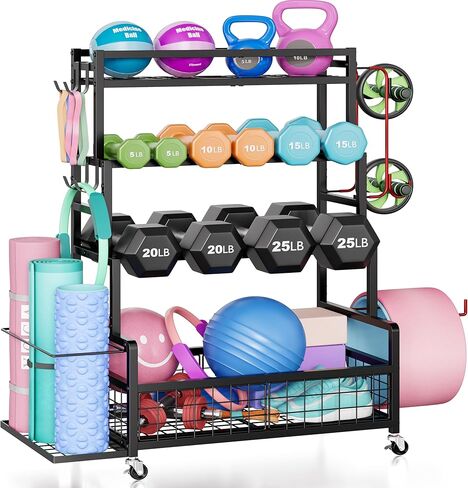 Dumbbell Rack,Home Gym Storage Rack,Total Weight Capacity 490 lbs,Weight Rack with Wheels/Strength Training Equipment Storage Rack with Hooks,Stores Dumbbells,Kettlebells,Yoga Mats in Kuwait