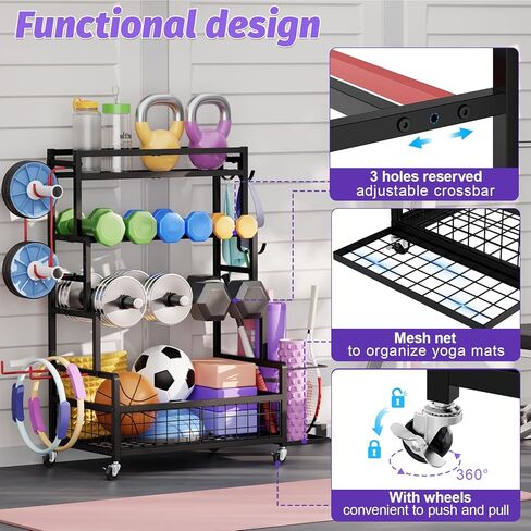 Dumbbell Rack,Home Gym Storage Rack,Total Weight Capacity 490 lbs,Weight Rack with Wheels/Strength Training Equipment Storage Rack with Hooks,Stores Dumbbells,Kettlebells,Yoga Mats in Kuwait