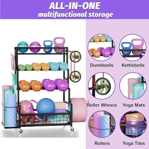 Dumbbell Rack,Home Gym Storage Rack,Total Weight Capacity 490 lbs,Weight Rack with Wheels/Strength Training Equipment Storage Rack with Hooks,Stores Dumbbells,Kettlebells,Yoga Mats in Kuwait