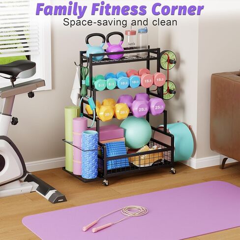 Dumbbell Rack,Home Gym Storage Rack,Total Weight Capacity 490 lbs,Weight Rack with Wheels/Strength Training Equipment Storage Rack with Hooks,Stores Dumbbells,Kettlebells,Yoga Mats in Kuwait