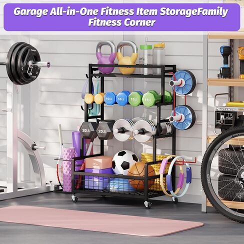 Dumbbell Rack,Home Gym Storage Rack,Total Weight Capacity 490 lbs,Weight Rack with Wheels/Strength Training Equipment Storage Rack with Hooks,Stores Dumbbells,Kettlebells,Yoga Mats in Kuwait