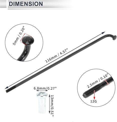 1 Set Universal Bicycle Spokes 12G 116mm Length Bike Wheel Spokes Nipple Black Carbon Steel in Kuwait