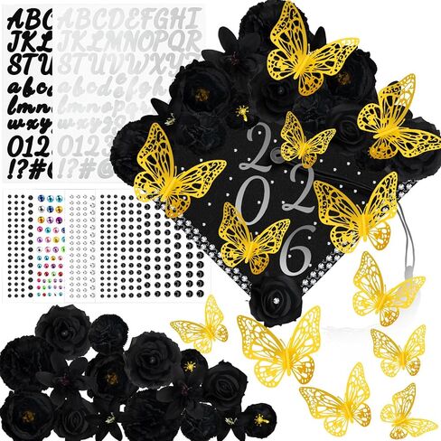 Graduation Cap Decorations Kits Faux Flower 3D Butterfly Rhinestones Glitter Alphabet Letter Sticker Champagne Color Flower DIY Graduation Cap Decor for Grad Cap Topper Graduation Party DIY Craft in Kuwait