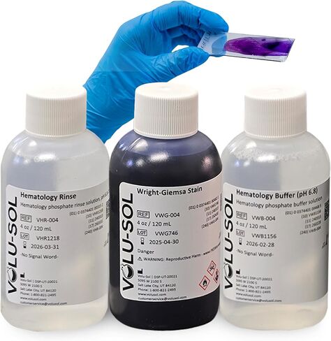 مجموعة بقع Volu-Sol Wright-Giemsa - تشتمل على Wright Giemsa، Buffer، Rinse - صبغة مجهر Romanowsky لمسحات الدم ونخاع العظام - عدد دقيق لخلايا الدم البيضاء ودراسة مورفولوجيا كرات الدم الحمراء - 4 أونصة (118 مل) لكل منهما) in Kuwait