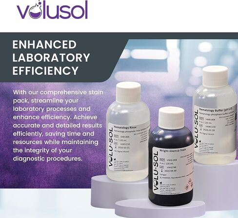 مجموعة بقع Volu-Sol Wright-Giemsa - تشتمل على Wright Giemsa، Buffer، Rinse - صبغة مجهر Romanowsky لمسحات الدم ونخاع العظام - عدد دقيق لخلايا الدم البيضاء ودراسة مورفولوجيا كرات الدم الحمراء - 4 أونصة (118 مل) لكل منهما) in Kuwait