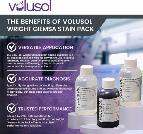 مجموعة بقع Volu-Sol Wright-Giemsa - تشتمل على Wright Giemsa، Buffer، Rinse - صبغة مجهر Romanowsky لمسحات الدم ونخاع العظام - عدد دقيق لخلايا الدم البيضاء ودراسة مورفولوجيا كرات الدم الحمراء - 4 أونصة (118 مل) لكل منهما) in Kuwait