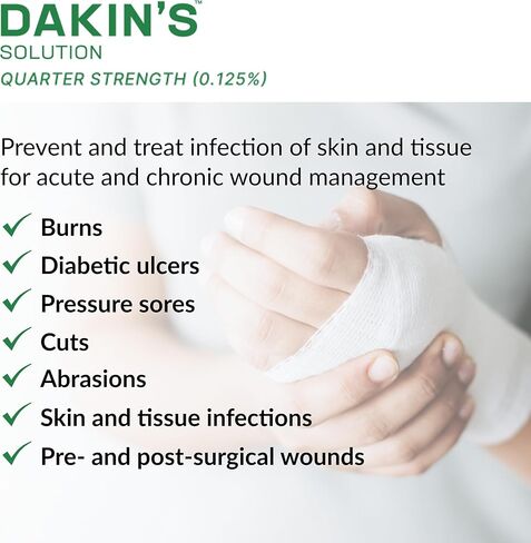 Dakin's Solution Quarter-Strength 0.125% Sodium Hypochlorite Wound Cleanser for Acute and Chronic Wounds, Non-cytotoxic Antimicrobial No-Rinse Gentle Formula, Home or Clinical Use, 2-Pack 16 oz in Kuwait
