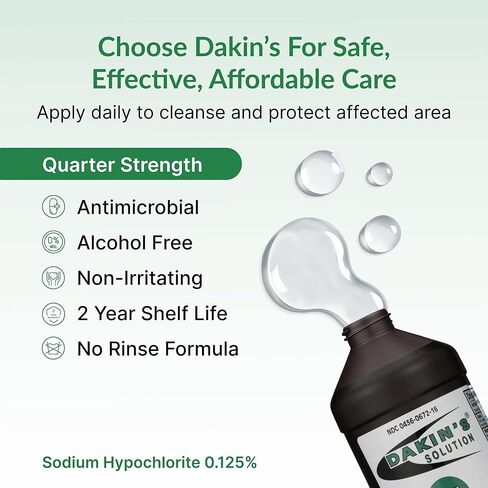 Dakin's Solution Quarter-Strength 0.125% Sodium Hypochlorite Wound Cleanser for Acute and Chronic Wounds, Non-cytotoxic Antimicrobial No-Rinse Gentle Formula, Home or Clinical Use, 2-Pack 16 oz in Kuwait