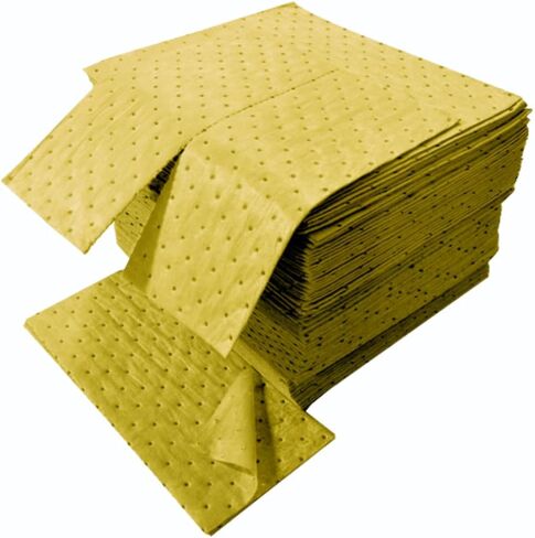 وسادات ماصة كيميائية - تمتص المواد الكيميائية العدوانية والأحماض والقلويات - أوراق التحكم في الانسكابات - 40.64 سم × 45.72 سم، 100 ورقة، قلب مربوط صوتي مع طبقة علوية مغزولة، أصفر - للاستخدام الداخلي/الخارجي in Kuwait