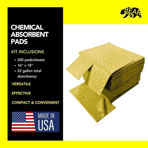 وسادات ماصة كيميائية - تمتص المواد الكيميائية العدوانية والأحماض والقلويات - أوراق التحكم في الانسكابات - 40.64 سم × 45.72 سم، 100 ورقة، قلب مربوط صوتي مع طبقة علوية مغزولة، أصفر - للاستخدام الداخلي/الخارجي in Kuwait