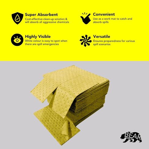 وسادات ماصة كيميائية - تمتص المواد الكيميائية العدوانية والأحماض والقلويات - أوراق التحكم في الانسكابات - 40.64 سم × 45.72 سم، 100 ورقة، قلب مربوط صوتي مع طبقة علوية مغزولة، أصفر - للاستخدام الداخلي/الخارجي in Kuwait