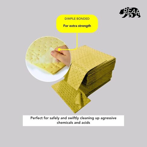 وسادات ماصة كيميائية - تمتص المواد الكيميائية العدوانية والأحماض والقلويات - أوراق التحكم في الانسكابات - 40.64 سم × 45.72 سم، 100 ورقة، قلب مربوط صوتي مع طبقة علوية مغزولة، أصفر - للاستخدام الداخلي/الخارجي in Kuwait
