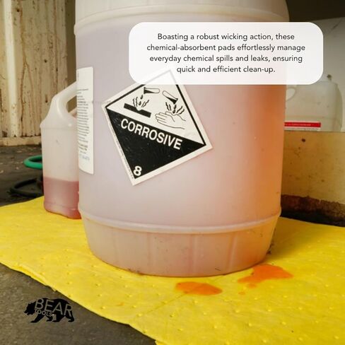 وسادات ماصة كيميائية - تمتص المواد الكيميائية العدوانية والأحماض والقلويات - أوراق التحكم في الانسكابات - 40.64 سم × 45.72 سم، 100 ورقة، قلب مربوط صوتي مع طبقة علوية مغزولة، أصفر - للاستخدام الداخلي/الخارجي in Kuwait