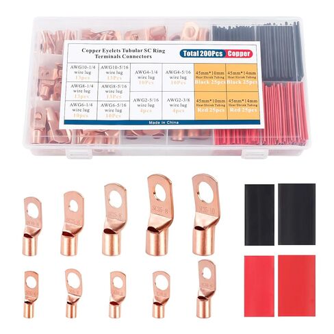 YUZES 200PCS Copper Wire Lugs AWG12 10 8 6 4 2 with Heat Shrink Set, Battery Cable Ends Ring Terminals Connectors, Crimp Terminals for Automotive, Marine, RV, Solar, Inverter & Audio Applications in Kuwait