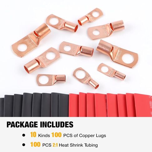 YUZES 200PCS Copper Wire Lugs AWG12 10 8 6 4 2 with Heat Shrink Set, Battery Cable Ends Ring Terminals Connectors, Crimp Terminals for Automotive, Marine, RV, Solar, Inverter & Audio Applications in Kuwait