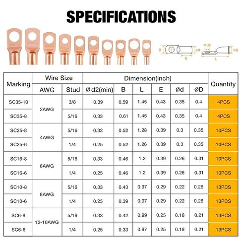 YUZES 200PCS Copper Wire Lugs AWG12 10 8 6 4 2 with Heat Shrink Set, Battery Cable Ends Ring Terminals Connectors, Crimp Terminals for Automotive, Marine, RV, Solar, Inverter & Audio Applications in Kuwait