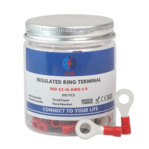 أطراف حلقية معزولة من JYS، موصلات مجعدة كهربائية من PVC 100 قطعة (أحمر، 22-16 AWG، #6 حجم مسمار) in Saudi Arabia