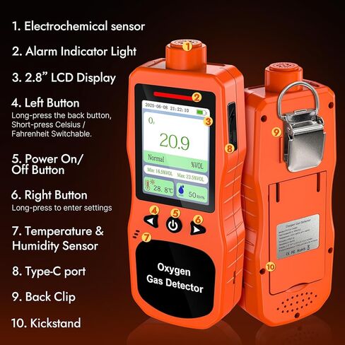 Portable Oxygen Detector, Rechargeable O2 Monitor with Sound, Light, Vibration Alarms, Oxygen Air Quality Meter Measures Temperature & Humidity for Indoor Outdoor Use in Kuwait