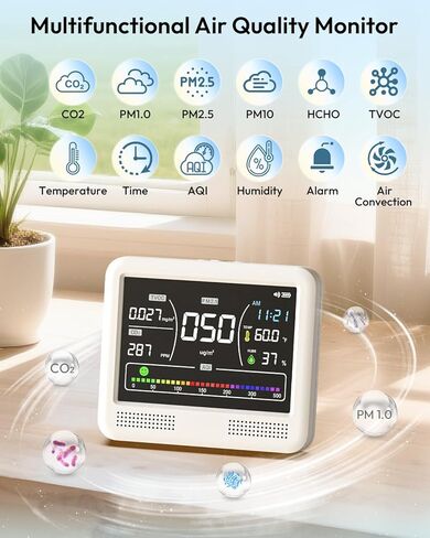Air Quality Monitor Indoor, 16 in 1 Air Quality Tester for CO2 Monitor, TVOC, PM1.0 PM2.5 PM10, HCHO Temperature Humidity & Time, AQI Monitor with Alerts for Home (PureWhite) in Kuwait