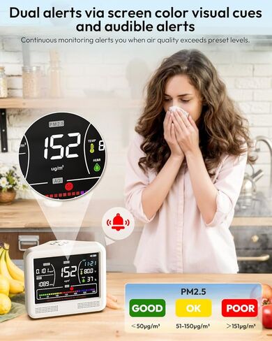 Air Quality Monitor Indoor, 16 in 1 Air Quality Tester for CO2 Monitor, TVOC, PM1.0 PM2.5 PM10, HCHO Temperature Humidity & Time, AQI Monitor with Alerts for Home (PureWhite) in Kuwait